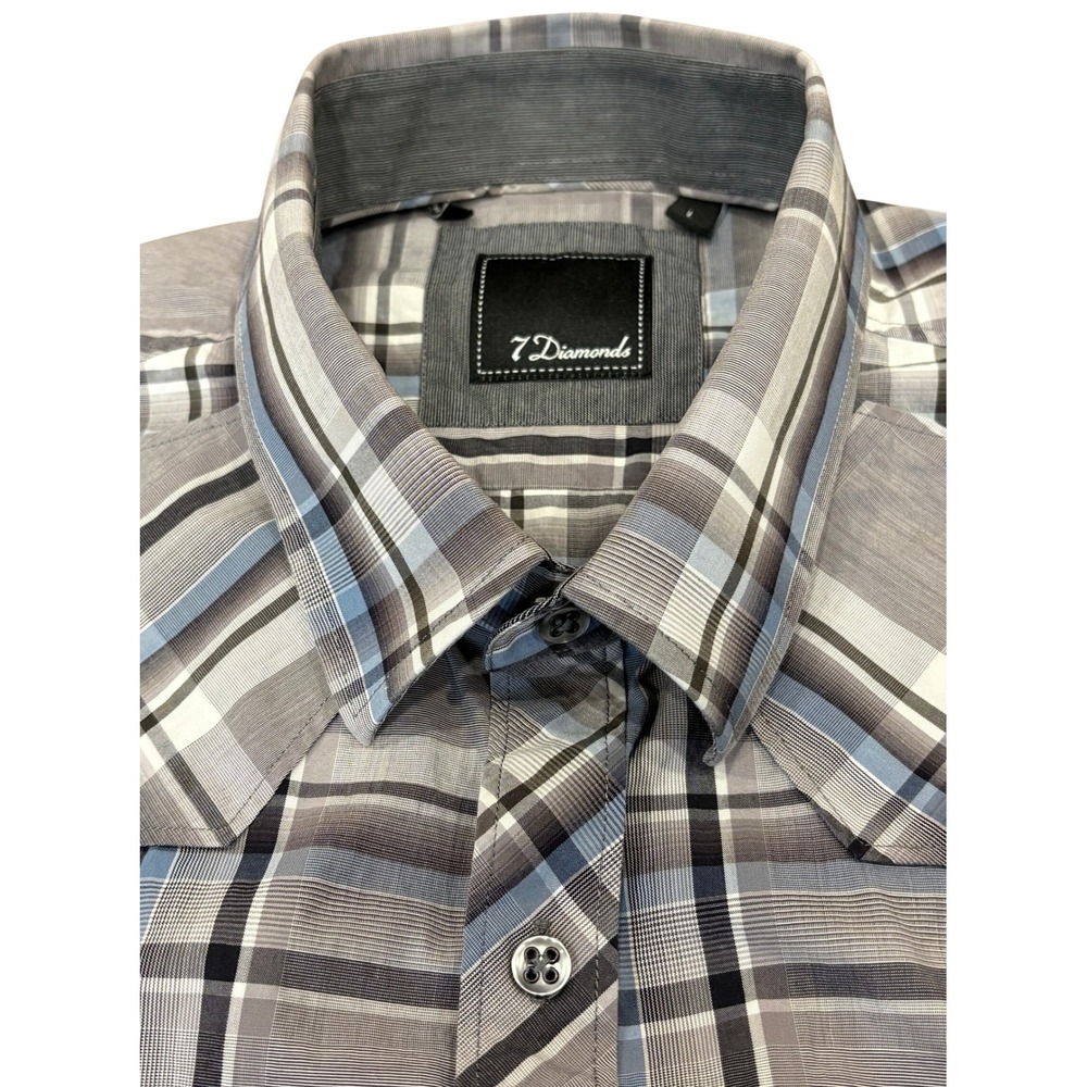 7 Diamonds Plaid Pearl Snap Button Up Shirt Mens‎ Large Grey Blue Short Sleeve - Picture 8 of 11